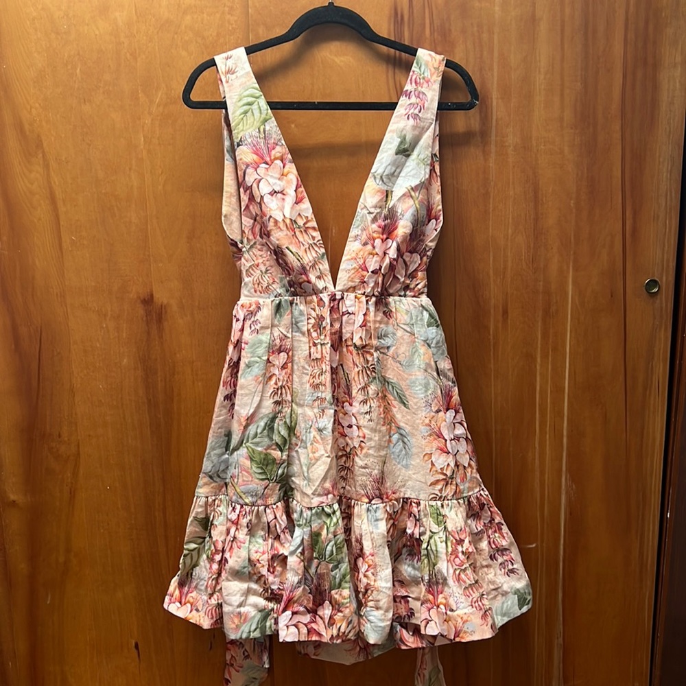Zimmermann Floral V-Neck Mini Dress in Peach and Green